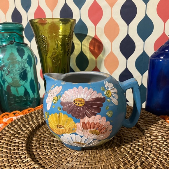 Rare Vintage Ransburg Sky Blue Hand Painted Floral Pitcher - Picture 2 of 9